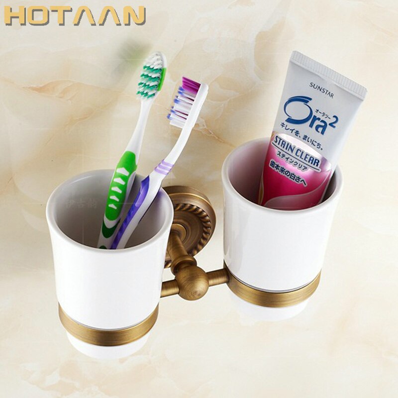 Soporte para cepillo de dientes de , cobre puro y vidrio, doble taza, juego de soporte para vaso de baño, YT-12208 al por mayor