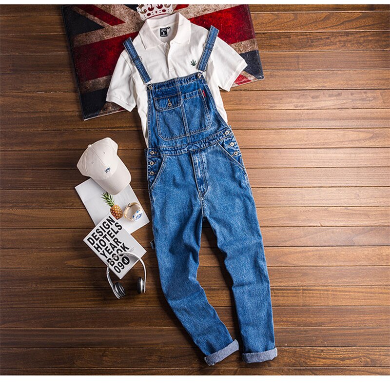 Mono vaquero azul americano para hombre, pantalones vaqueros rectos, pechera de Hip Hop con bolsillos grandes, pantalones Cargo