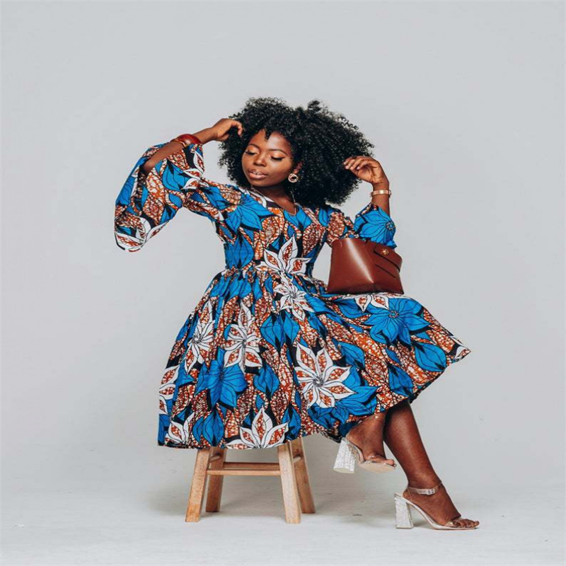 Womens African Ankara Print Maxi Dress Traditional Casual Outfits Attire Lotus Sleeve V Neck African Women's Clothing