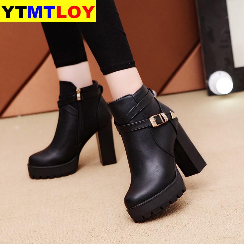 Botas cortas de cuero con estilo para mujer, botines sexis de invierno de tacón alto, zapatos para de boda para mujer, zapatos con hebilla de cristal 35-40