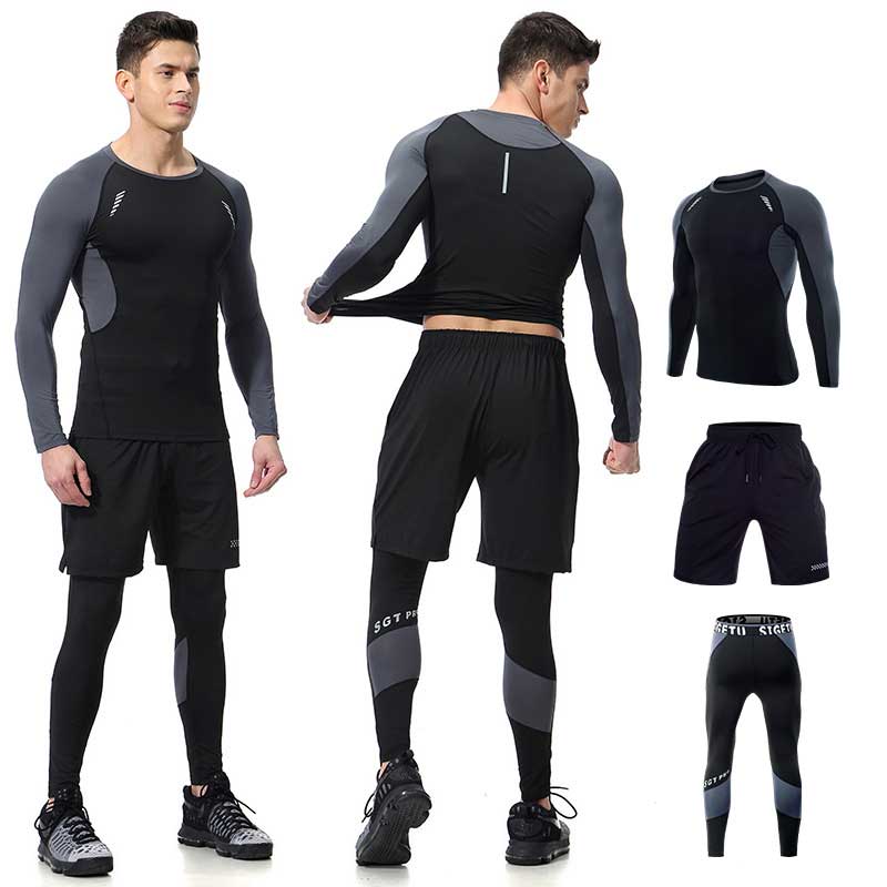 Men Long Johns Winter Fitness Gymming Sporting Suit Runs Top Shirts + Tight + Shorts Leggings Pants Thermal Underwear Sets