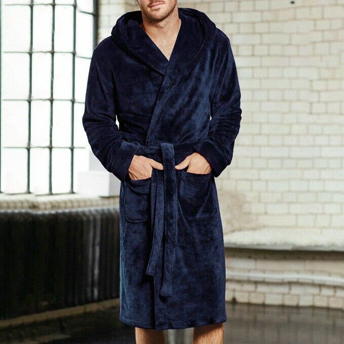 Hommes hiver Robes épais allongé en peluche châle peignoir Kimono maison vêtements à manches longues Robe manteau peignoir homme: Bleu / M