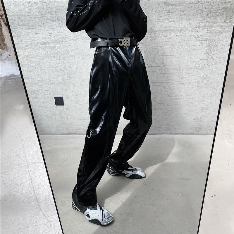 Mannelijke Vintage Streetwear Hip Hop Gothic Podium Modeshow Broek Mannen Heldere Leer Toevallige Rechte Broek