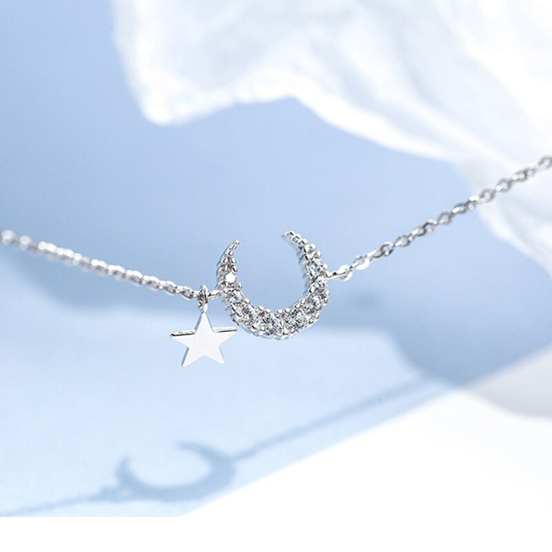 Pulseira com pingente de estrela e lua ajustável, pulseira simples, adorável, brilhante, de zircônia, joias femininas para amantes, presente