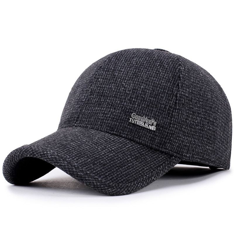 baseball cap mosaic standard middle-aged caps men's autumn and winter woolen dad hats outdoor warm old hat: Black