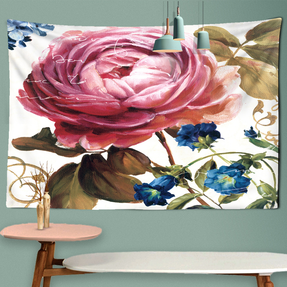 Pink Blue Rose Tapestry Wall Hanging Aesthetic Romantic Illustrations Bohemian Style Mandala Kawaii Room Home Macrame Wall Decor