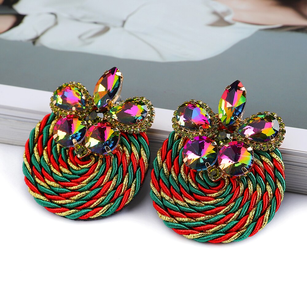 Ethnic Style Cotton Cord Weave Round Ear Accessories Vintage Sparkly Crystal Dangle Earrings For Women Luxury Jewelry: 41