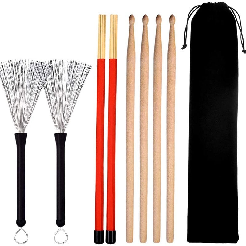 Juego de palos de tambor, varillas de tambor de madera de arce, cepillos de alambre de tambor retráctiles, cepillo de palos de tambor, varillas de tambor: Default Title