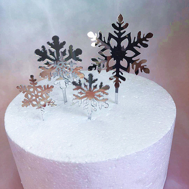 4Pcs Sliver Snowflake Acryl Cake Topper Vrolijk Kerstfeest Taart Decoraties Gelukkige Verjaardag Feestartikelen