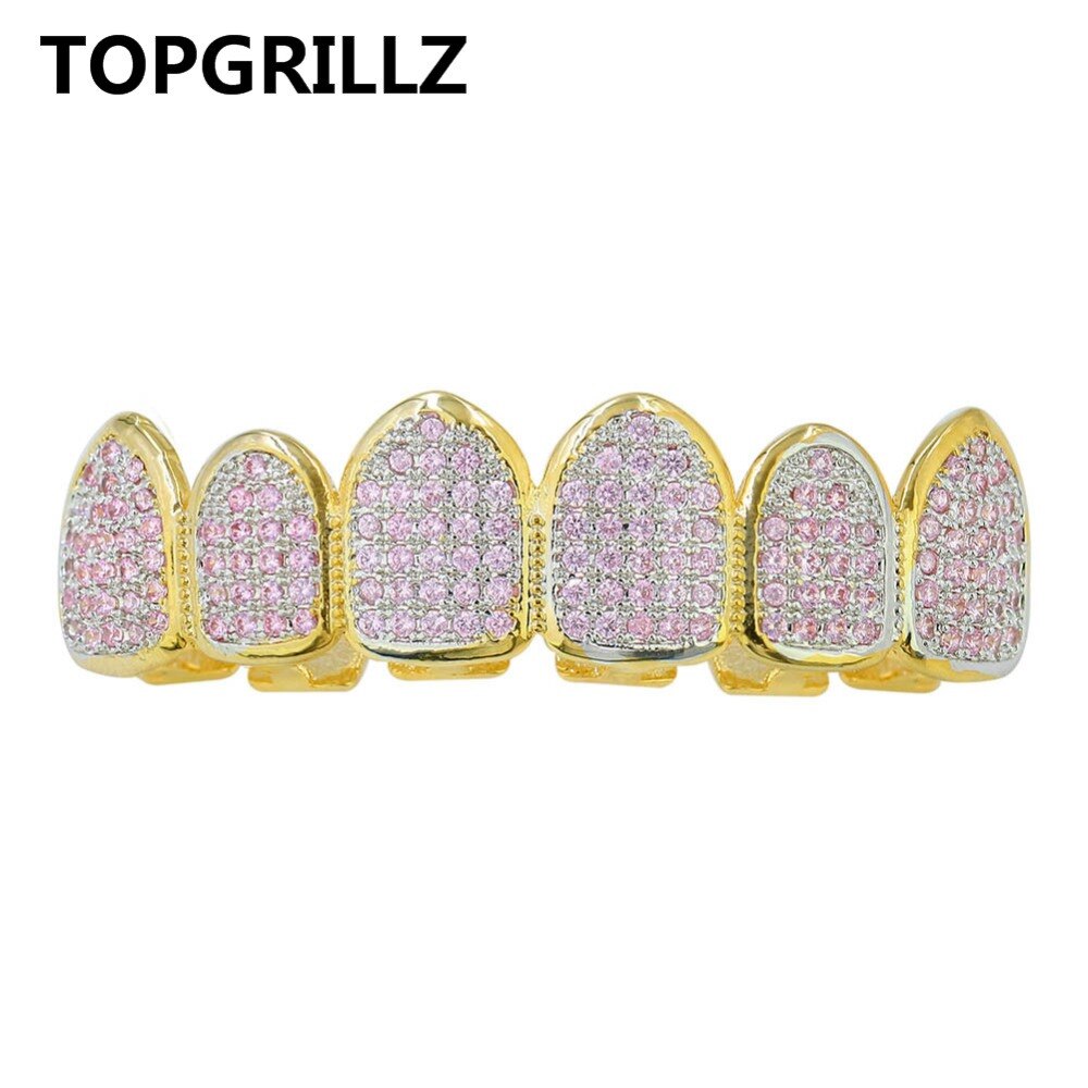 Topgrillz Classic 6/6 Hip Hop/Punk Tanden Grillz Set Goud Zilver Kleur Top &amp; Bottom Grills Dental Mond Caps cosplay Party: Pink Top