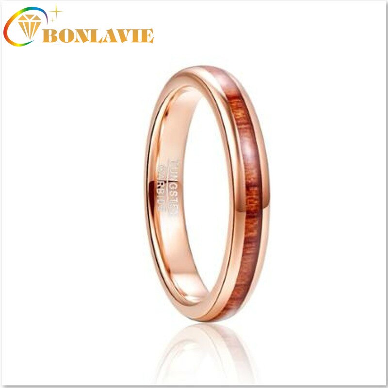 Bonlavie 4mm herenring van wolfraamstaal en hardmetaal, hawaiiaanse koa-houten inleg, gepolijste afwerking, comfortabele pasvorm, roségouden ring, herensieraden