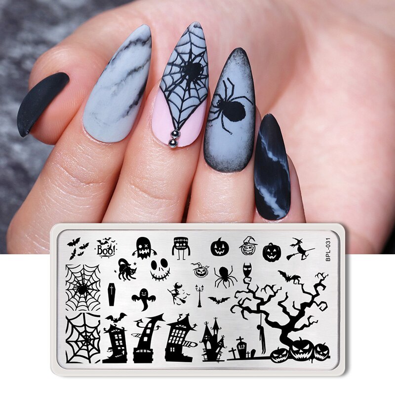 Geboren Pretty Retangle Nail Stempelen Platen Halloween Pompoen Nail Art Stamp Template Image Plaat Decoratie Tool
