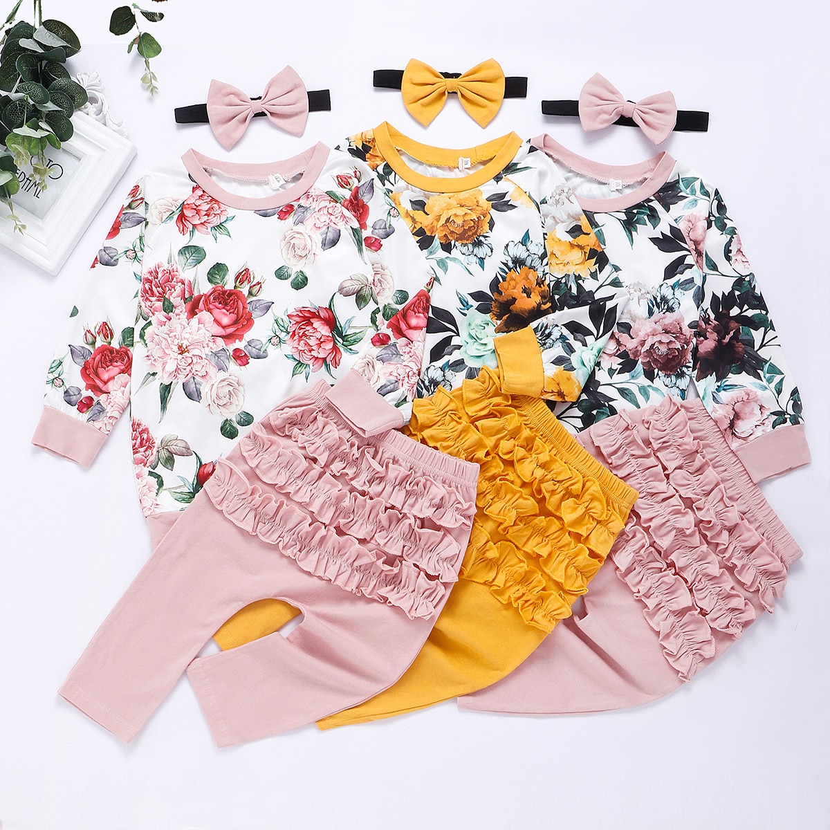 Cotton Newborn Baby Girl Clothes Infant Baby Girls Winter Clothe Outfits Flower Tops+Ruffle Pants Headband 3Pcs Clothing Set