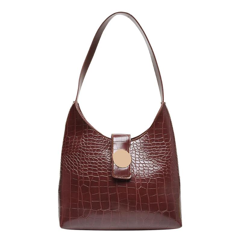 Women Retro Crocodile PU Leather Handbags Solid Color Shoulder Bag Simple Shopping Totes: Coffee