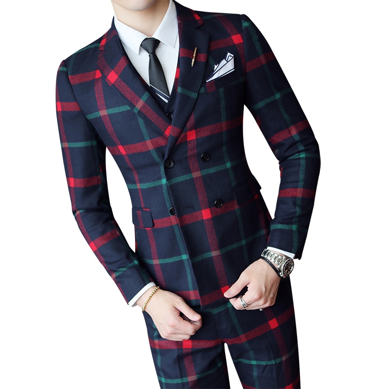 Plaid bryllup jakkesæt ternet jakkesæt mænd vintage galla fest jakkesæt mænd slim fit dobbeltradet jakkesæt jakke vest pant