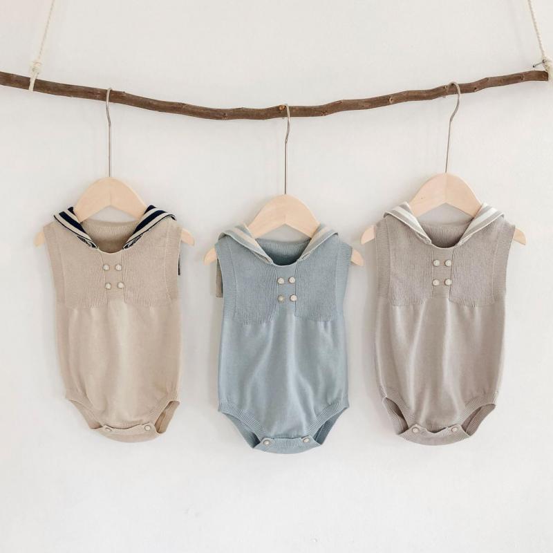 Neugeborenen-Baby-Overall, einfarbig, mit knöpfen, ärmellos, gestrickt, sommerkleidung