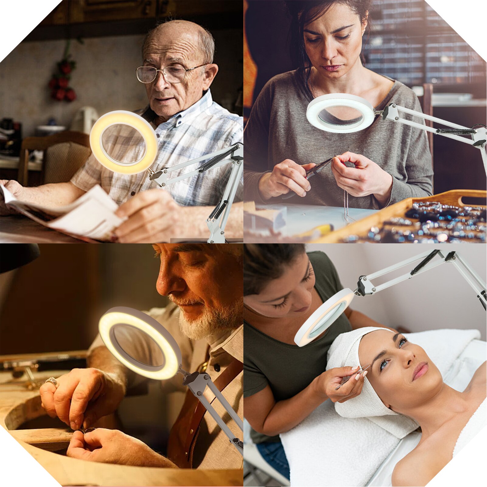 8x Verlicht Vergrootglas Glas Flexibele Clamp-On Tafellamp Swing Arm Dimbare Leds Bureaulamp 3 Kleur 10 Niveaus werk Lezen Licht