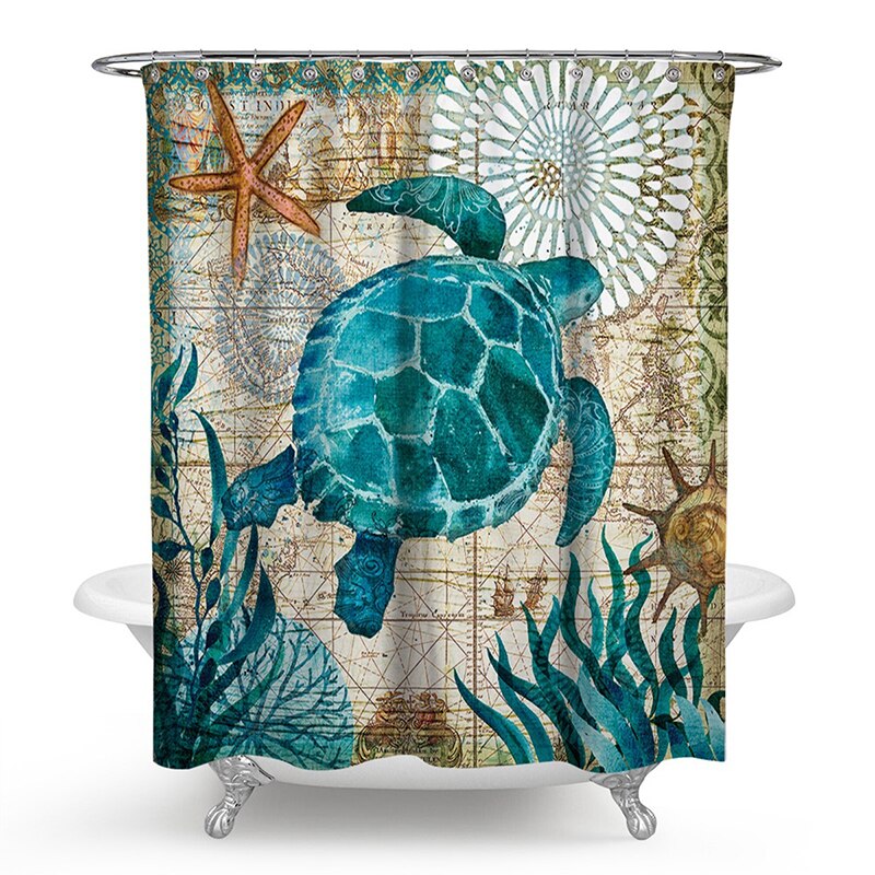 3 pièces/ensemble salle de bain rideau de bain ensembles rideau de douche tortue de mer impression Durable imperméable tapis de couverture de toilette tapis antidérapant