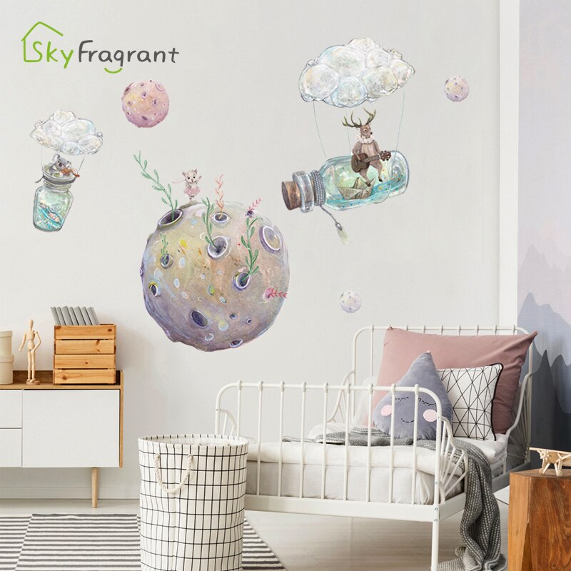Planeta , decoración de habitación de niños, pegatinas de animales de dibujos animados para pared, pegatina infantil para dormitorio de bebé, autoadhesiva para decoración del hogar