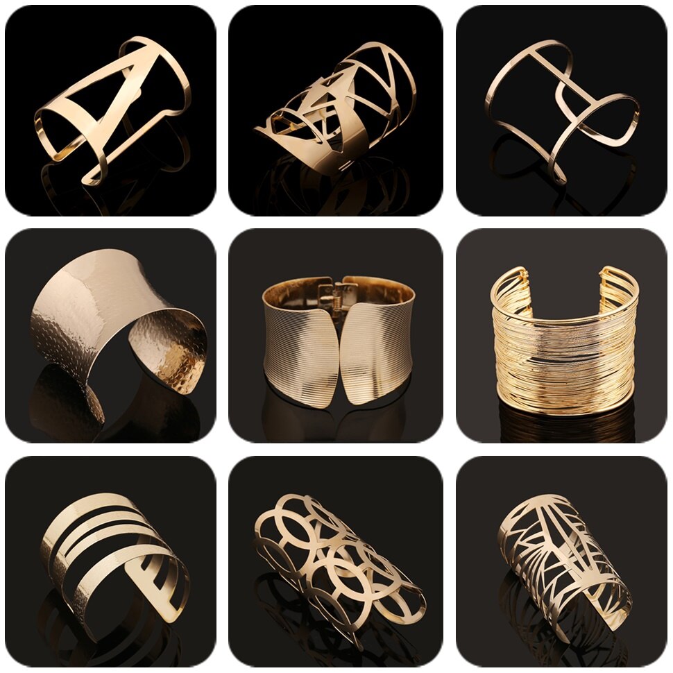 Ouro Cor Prata Oco Liga Ampla Cuff Pulseiras Pulseiras Para Mulheres Homens Do Punk Geométrica Aberto Grande Pulseira Pulseira Da Moda Jóias