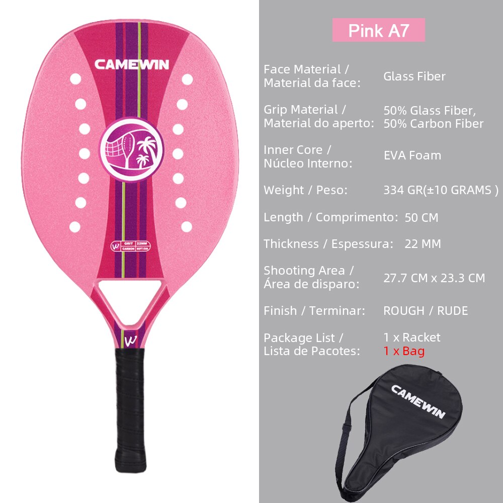 CAMEWIN Beach Tennis Racket Carbon Fiber Adult Professional High Quality Sport Goods Equipment Lightweight Soft EVA Face Racquet: Pink A7