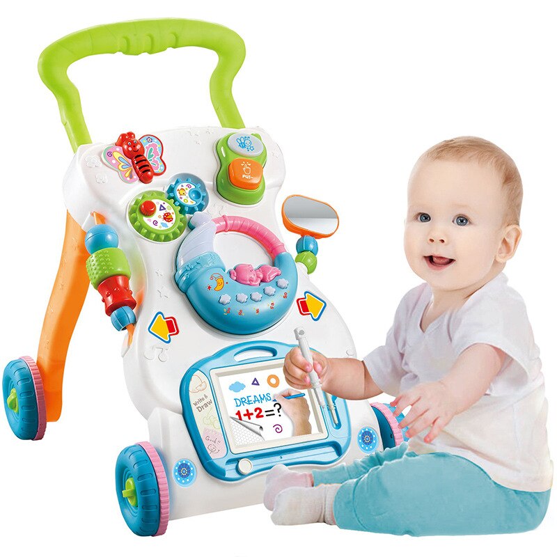 Multi-functionele Musicial Wandelaars Speelgoed Baby Vier Wielen Wandelwagen Activiteit Hoogte Speed Verstelbare Leren Zitten te Stand wandelen Auto