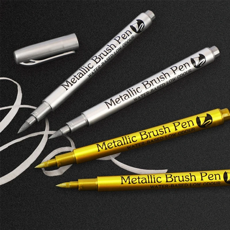 3/6 stuks metallic penseelmarkers in goud- en zilverkleur, permanente markers voor manga-knutselwerkjes en schoolbenodigdheden.