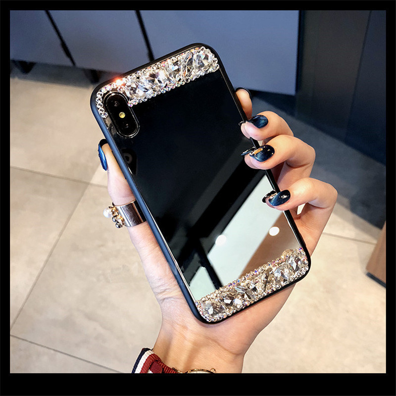 Rhinestone Tempered Glass Mirror Phone Case For iPhone XR Xs Max XR Sparkle Bling Diamond Back Cover for iPhone X 6 7 8 Plus