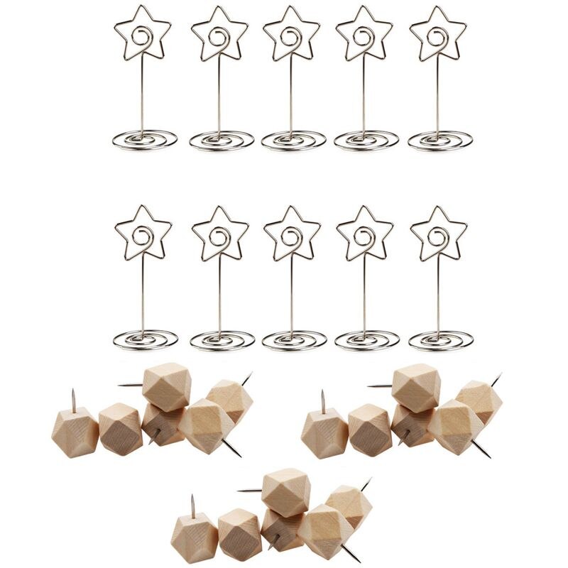 10 Stuks Metalen Ster Tafel Aantal Foto Houder Stands & 18Pcs Geometrische Hout Decoratieve Push Pins