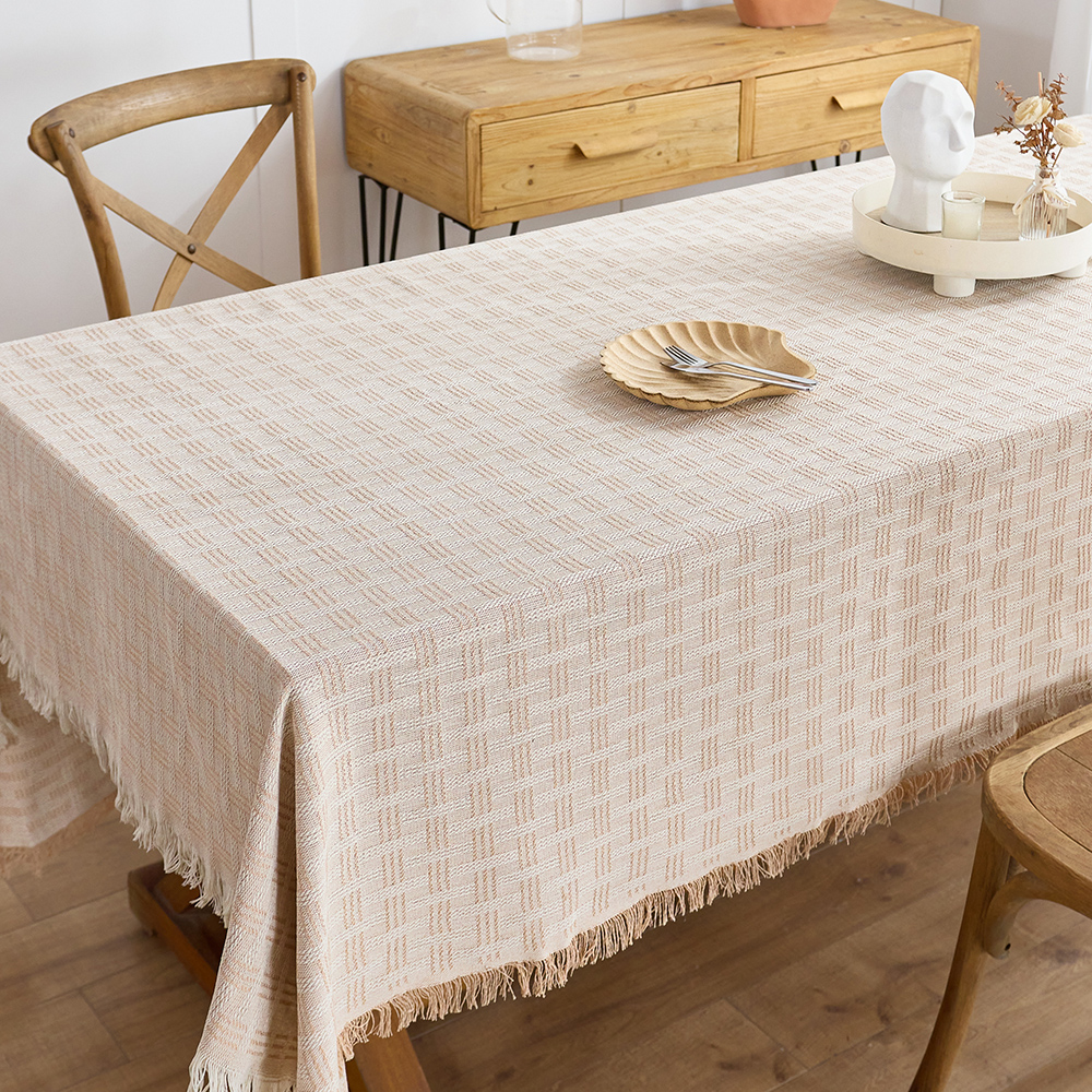 Katoenen linnen tafelkleed Rustieke boerderij vierkante tafelkleden Jute tafelhoezen met kwastje voor keuken dineren picknick bruiloft: Khaki / 130* 180cm