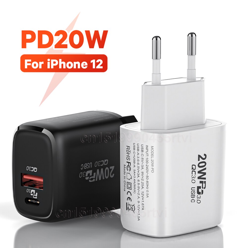 20W USB Type C Fast Charger For iPhone 13 12 Pro Quick Charge 4.0 QC3.0 PD USB Type C Fast Charging Travel Wall Charger EU/US