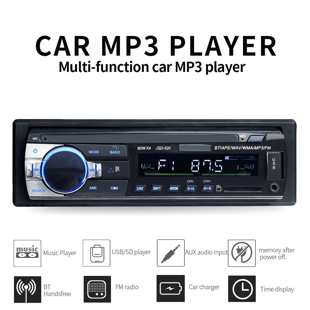 JSD520 Car Radio Stereo Player Digital Bluetooth MP3 60Wx4 FM Audio with In Dash AUX Input iso