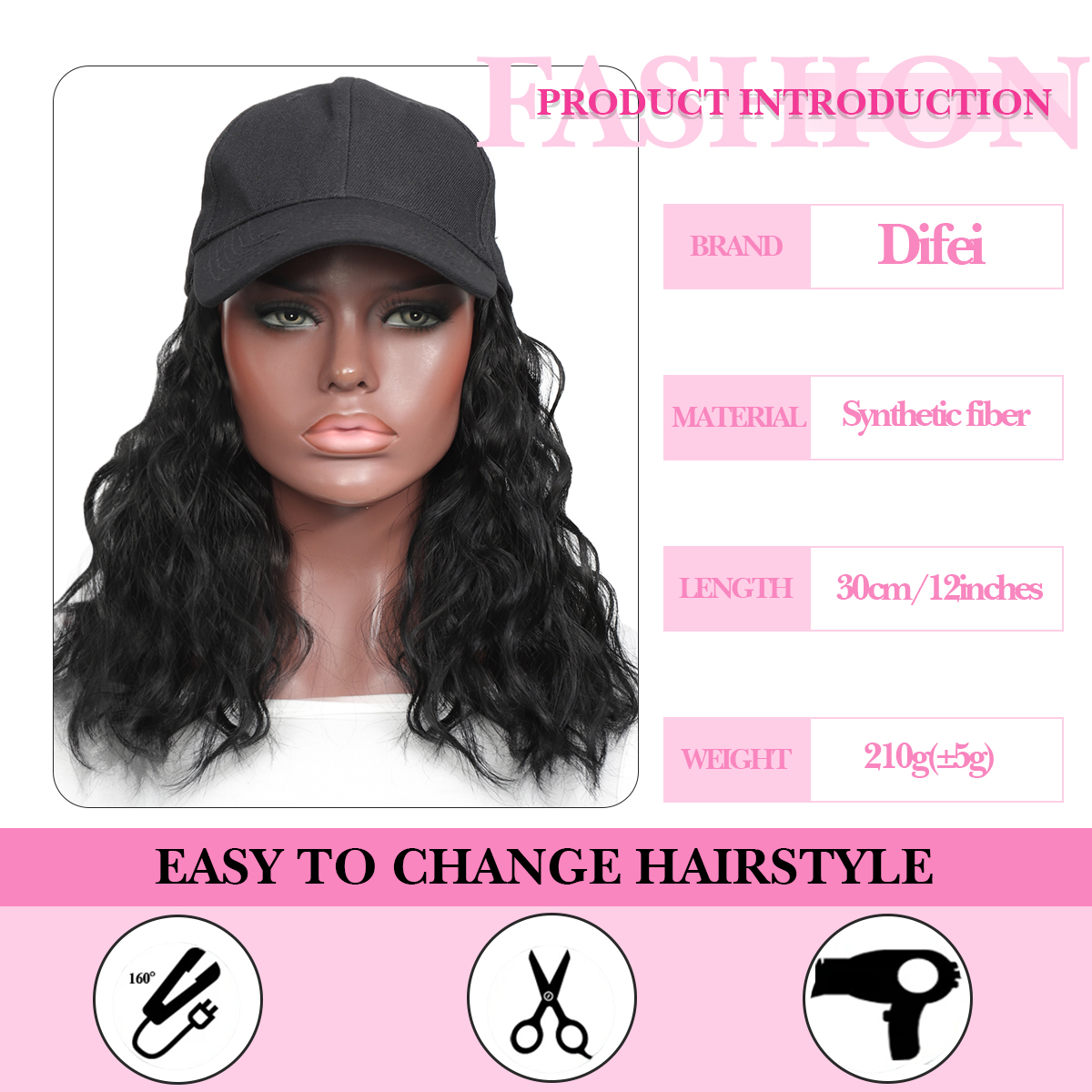 Pelucas de pelo ondulado rizado esponjoso sintético largo negro Difei con sombrero gorra de béisbol conectar naturalmente peluca de sombrero ajustable para mujeres