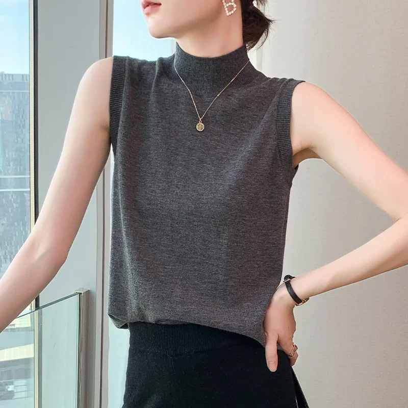 Kamgarn ren ull dame høst og vinter halvhøy krage kort slank passe innvendig basegenser ermeløs Vest dame: S / Mørk grå