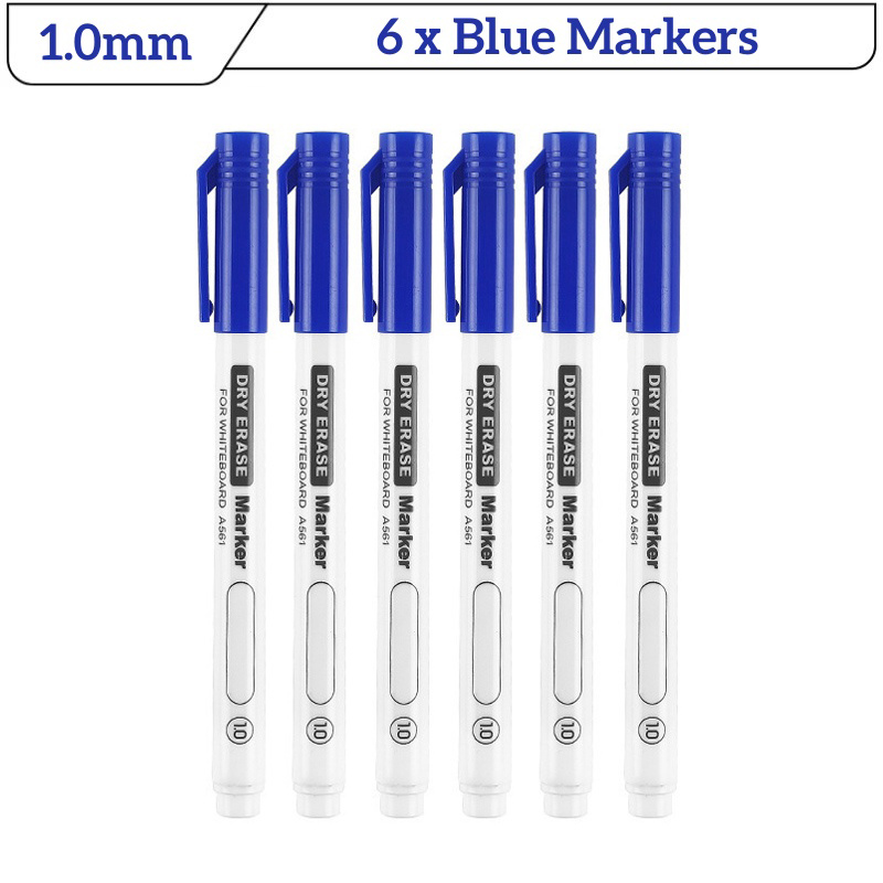 6 Stuks Fijne Tip Droog Wissen Markers Set 0.5/0.7/1.0mm Dunne Whiteboard Pennen Zwart Blauw Rood uitwisbare Markers voor Onderwijs Kantoor: Black