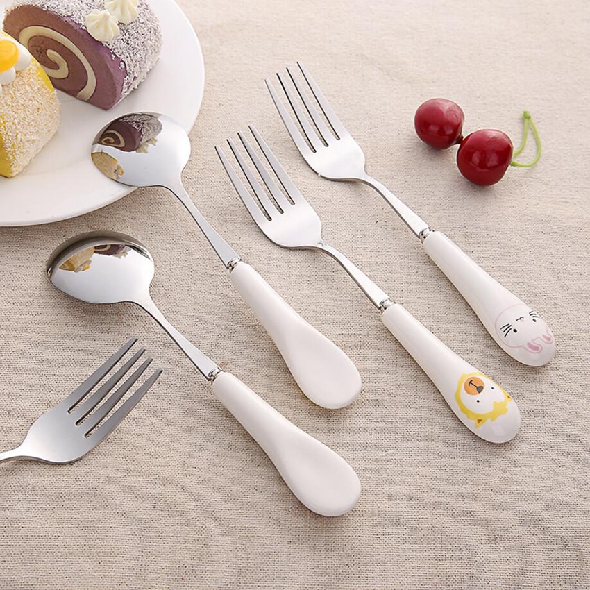 Tenedor con dibujo de gato con mango largo de acero inoxidable, cuchara agitadora, fruta, tenedor, cuchara café, mango de cerámica, 1 ud.