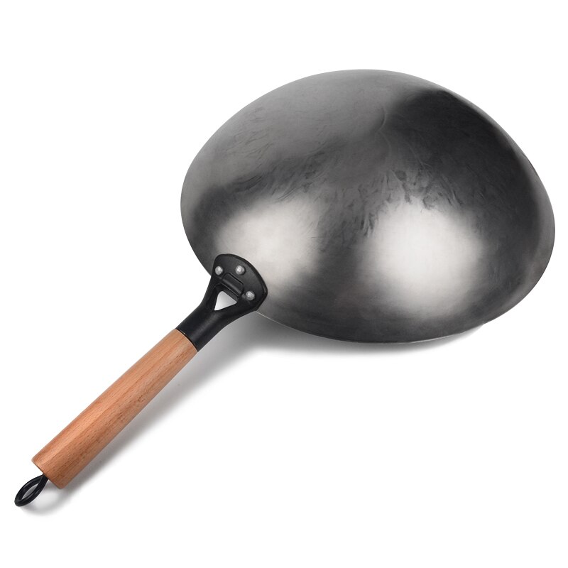 Casserole chinoise en fonte de 34CM, Wok à fond rond antiadhésif Non revêtu avec manche en bois de hêtre pour cuisinière à gaz, ustensiles de cuisine