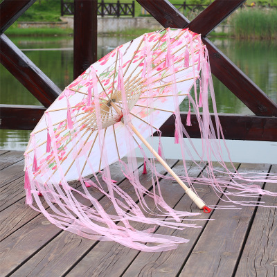 Neue erwachsene Bambus geölte Papier Regenschirm Quasten Garn Band Hanfu retro Frau Sonnenschirm Durchführung japanischen chinesischen Stil Regenschirm: Licht Grün