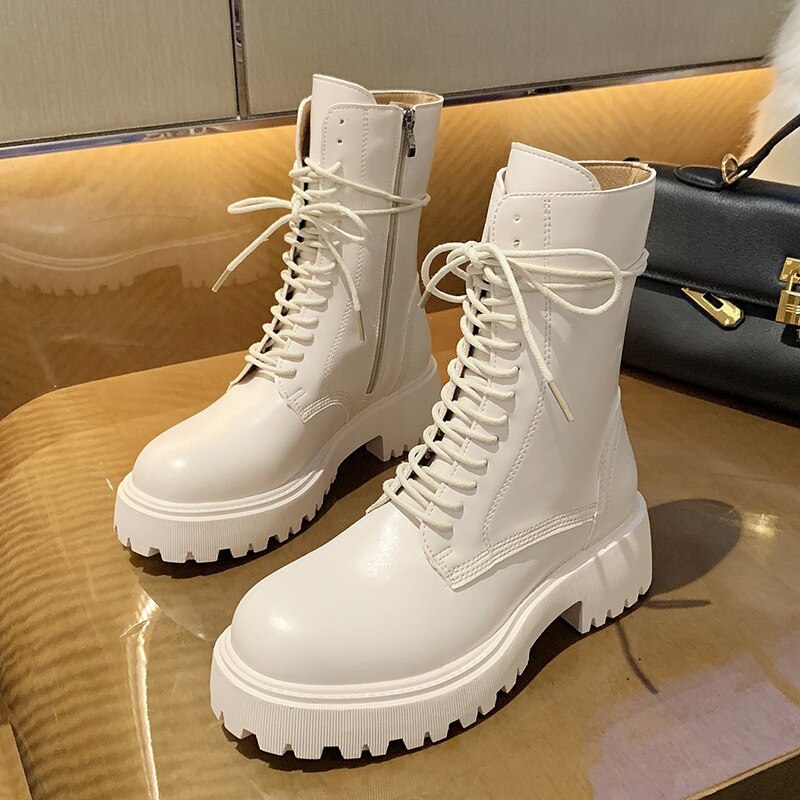 Vinter kvinder beige snøre martin støvler sorte kiler høje hæle platform punk motorcykel støvler ankel støvler sko: Beige / 6.5