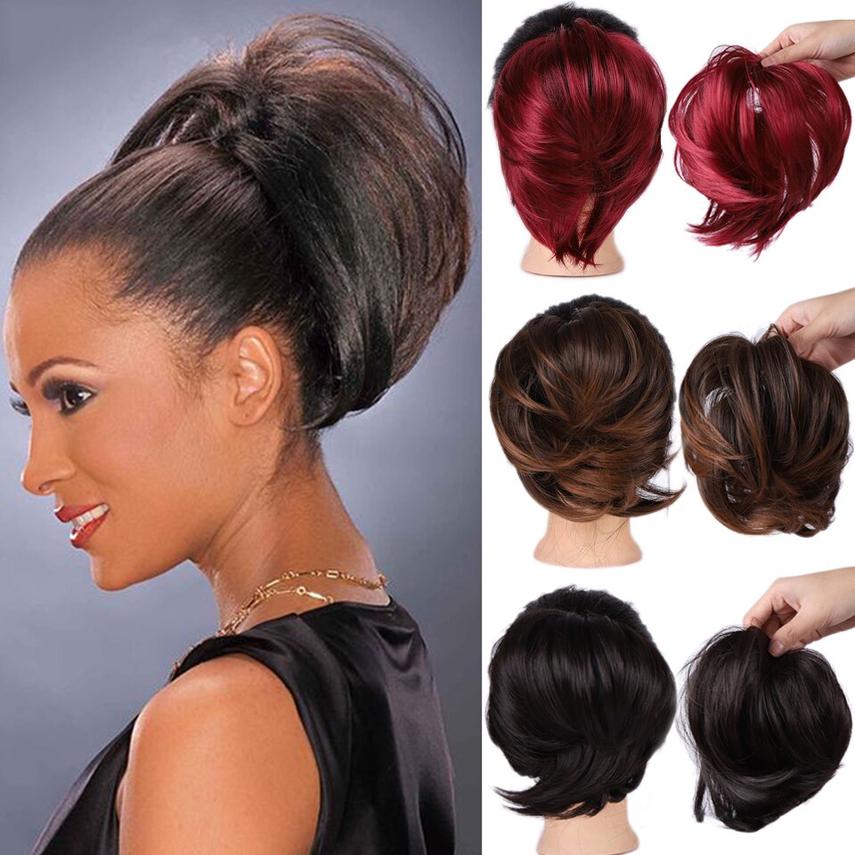 XIYUEMessy Scrunchies Donut Bun Synthetic Hair Chignon Straight Elastic Band Hair Extensions Heat Resistant Hairpieces For Women