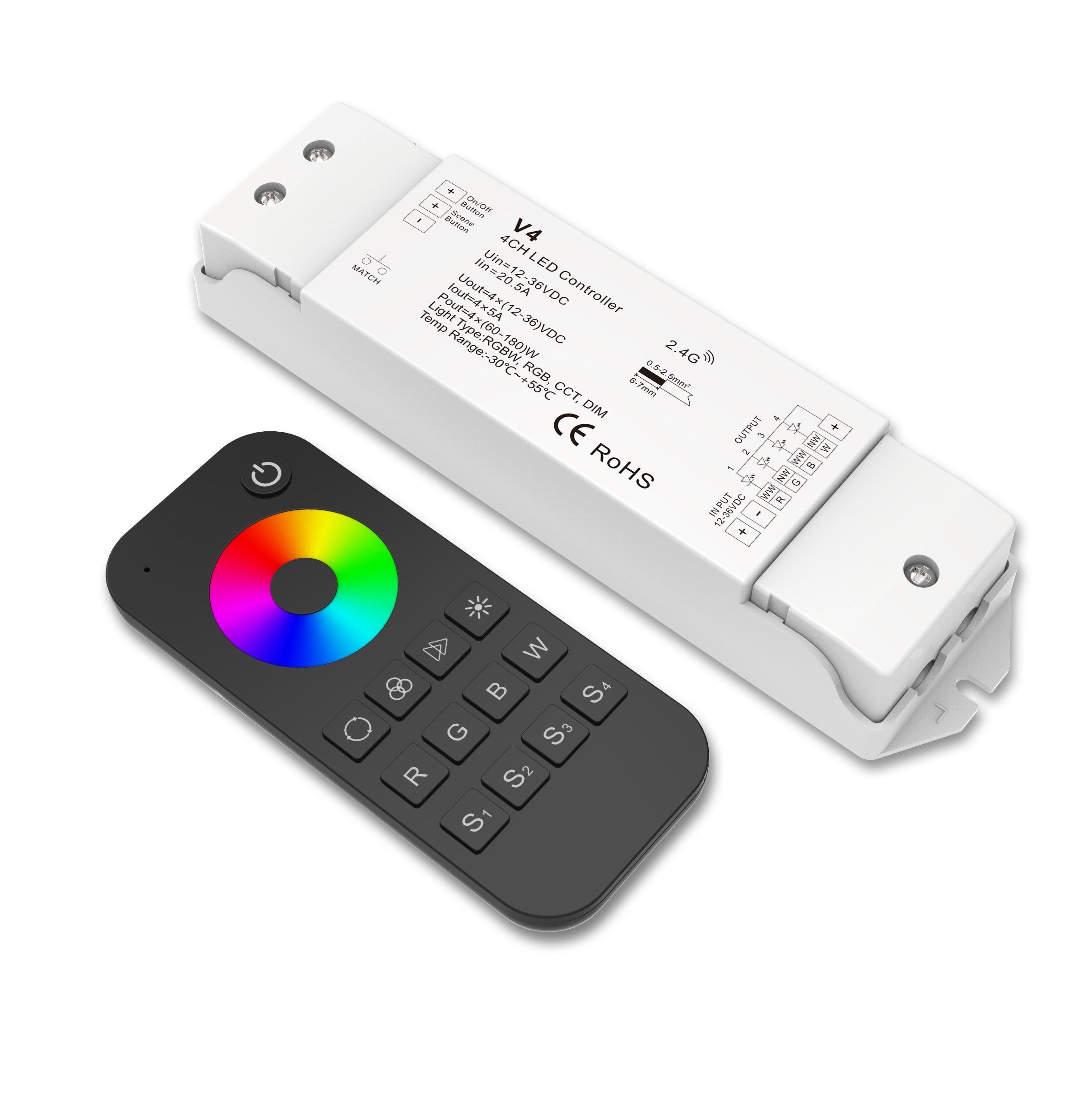 V4+RT4 set(1 zone)/V4+RT9 set(4 zone)Touch Wheel RF Remote Controller;DC12-36V input;5A*4CH output