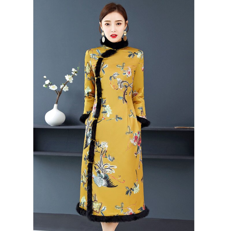 Yellow Print Mid-length Slim Qipao Chinese Dress Women Hanfu Traditional Oriental Robe Winter Thicken Warm 2022 Cheongsam