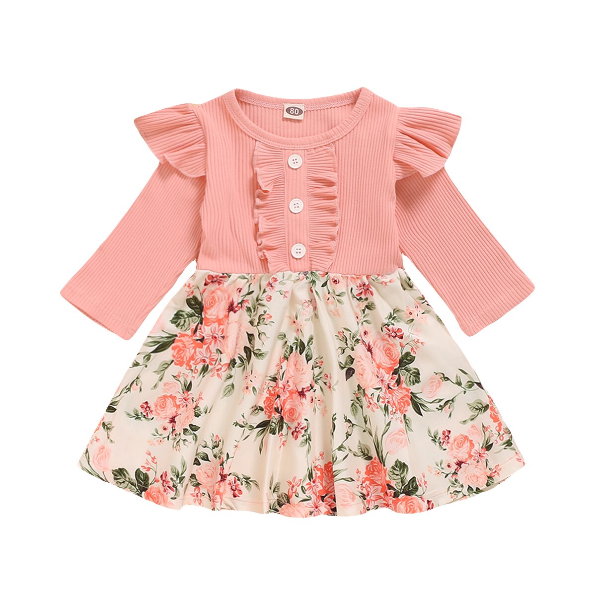Infant Kids Baby Meisje Patchwork Jurk, Peuter Lange Mouw Ronde Hals Decoratieve Knop Geribbelde Jurk Ruche Kleding: Roze / 4T