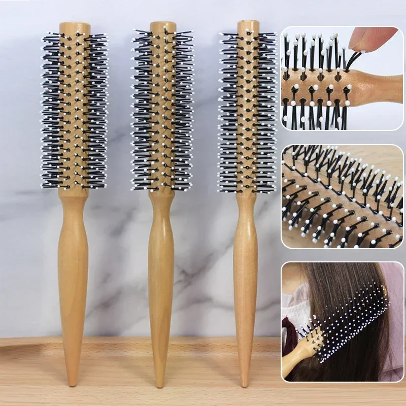 Mini cepillo redondo de nailon para hombres, peine para peinar el cabello rizado, peine rodante, cepillo redondo para cabello fino o corto con mango de madera