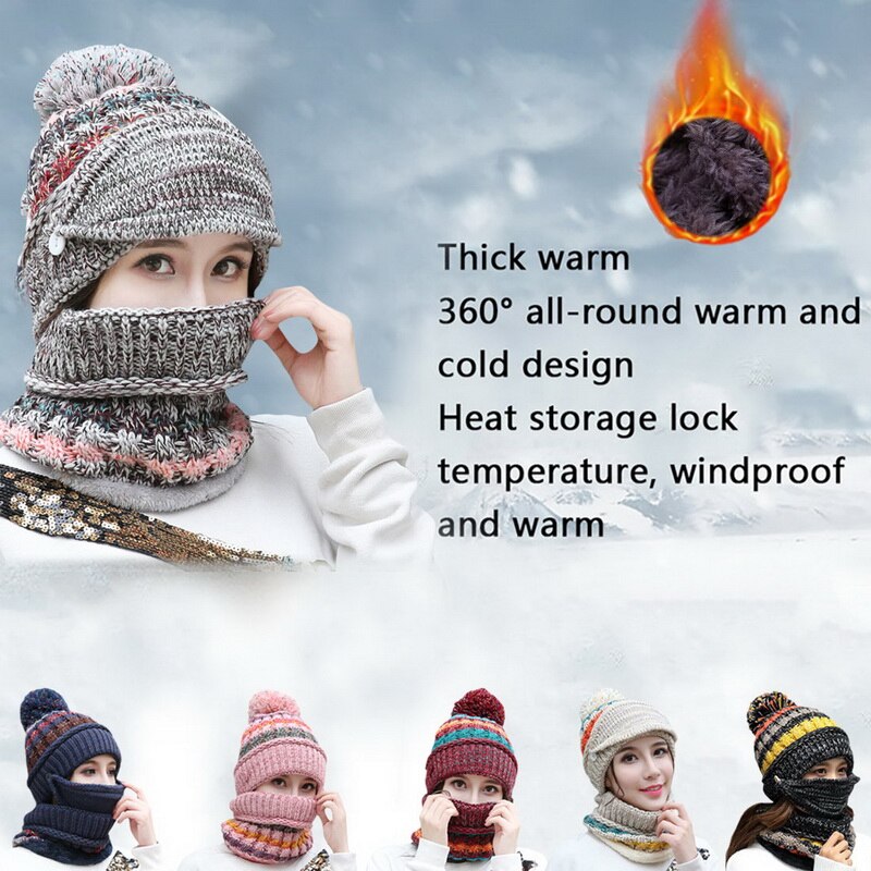 Conjunto de gorro de invierno, bufanda gruesa y cálida para mujer, accesorios de invierno, gorro interior de lana tejido, conjunto de bufanda, 3 uds, sombreros de invierno para montar al aire libre