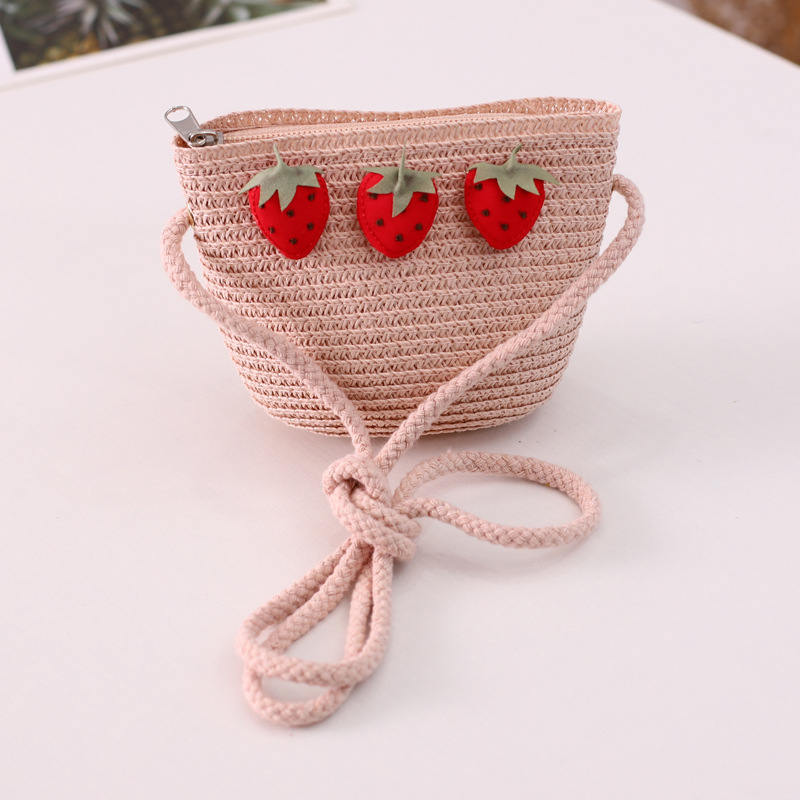 bonnet bebe fille Ensemble chapeau et sac en paille ondulé à la fraise pour fille, 2 pièces, accessoires de protection solaire pour enfants de 3 à 8 ans, printemps et été: Bag-Pink