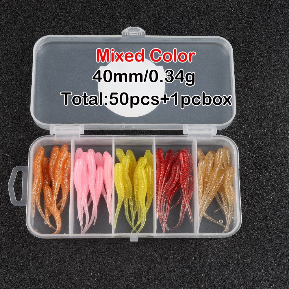 JOHNCOO 50pcs Fishing Lure Rock Fish Soft Bait 40mm 0.34g Silicone Bass Rockfish Swimbait Jig Lure Plastic Baits Worm: Mixed Color