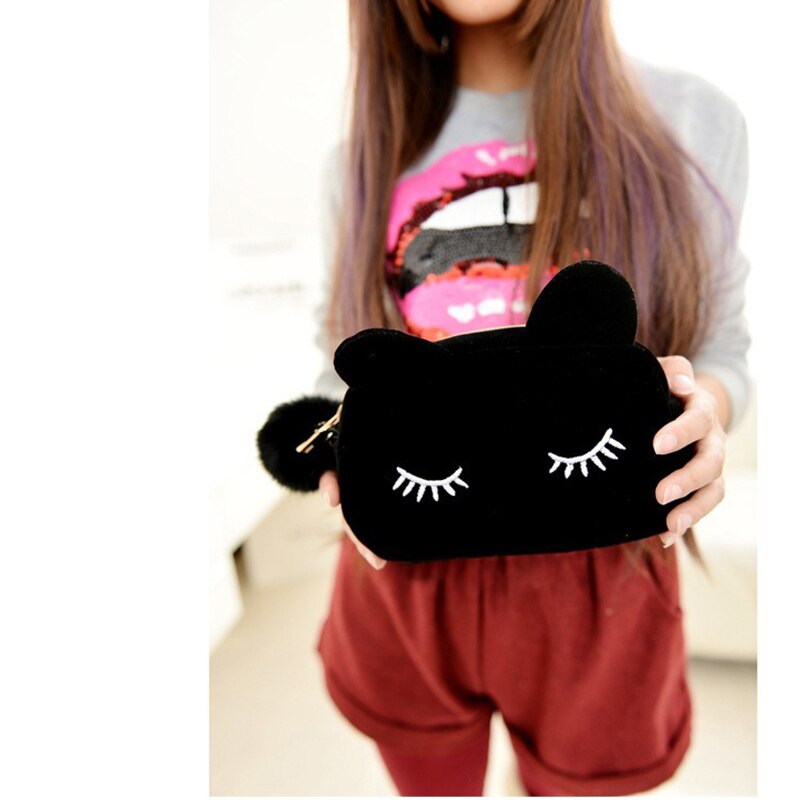 Nekomimi dierenprints canvas draagbare cartoon kat munten opbergdoos reis make-up flanellen etui cosmetische tas