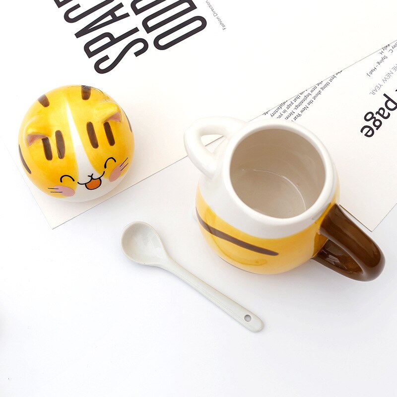 ¡Novedad! Gato de cerámica con forma de taza para café bonito y cuchara taza para la leche creativa pintada a mano, novedosos