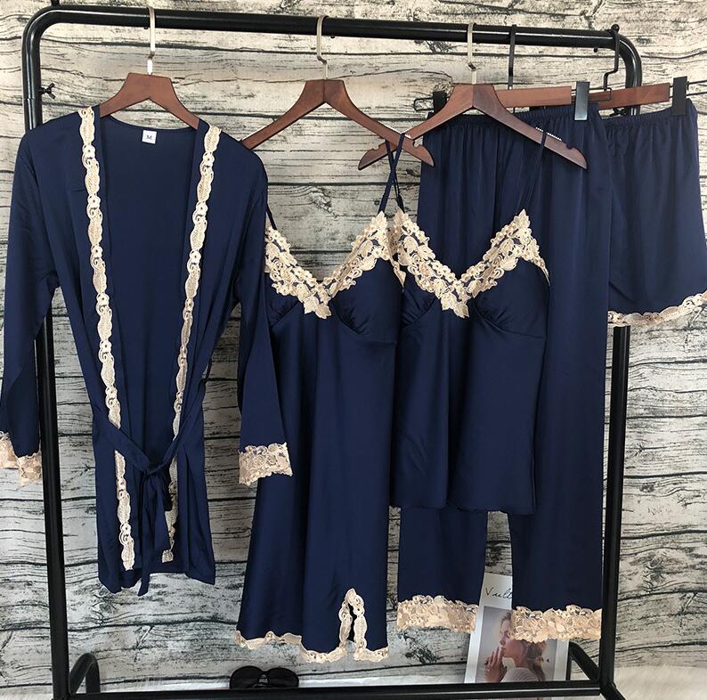 Kvinder satin nattøj 5 stykker pyjamas sexet blonde pyjamas sove lounge pyjamas silke nat hjemmetøj pyjamas jakkesæt: Marine blå / M